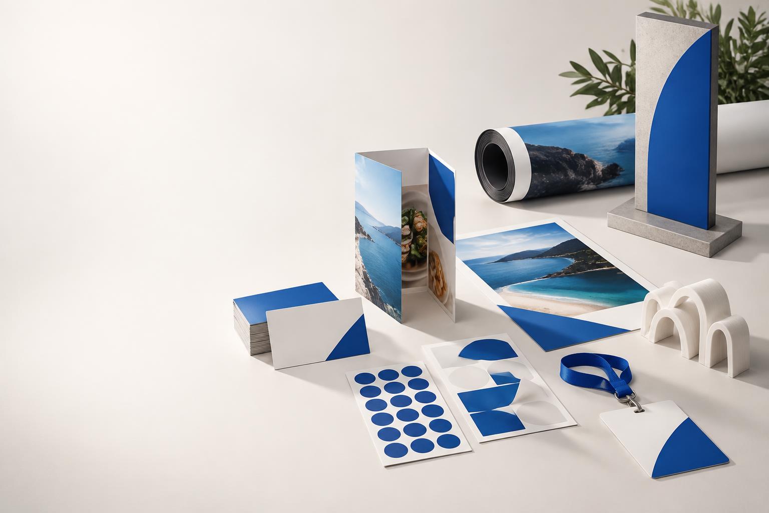 Composição ilustrativa de materiais gráficos, adesivos, totem e peça em 3D
